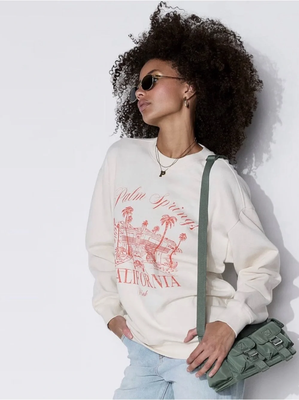 PINK Victoria's Secret Cream Crewneck with Pink Palm Springs Graphic